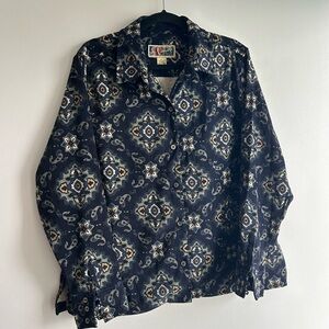Vintage Navy and Cream Patterned Casual Button Down Shirt